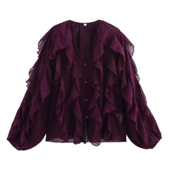 Women's clothing 2025 European new fashion design and ruffled layered decorative V-neck shirt