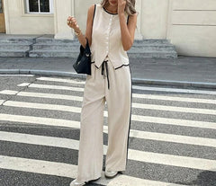 Women's Clothing 2025 Summer New Fashion Color Blocked Round Neck Vest Top Wide Leg Pants Casual Set