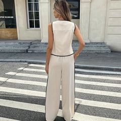 Women's Clothing 2025 Summer New Fashion Color Blocked Round Neck Vest Top Wide Leg Pants Casual Set