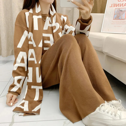 women's Clothing Autumn Winter Women Knited Letter Sweater + Pants + Cape Scarf 3PCS Suits Cappa Wraps Wide Leg Trousers Sets