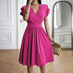 Women's Clothing 2025 Summer Temperament Elegant Fashion V-neck Waist Petal Sleeve Mid-length Skirt Dress for Women