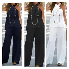 Women's Clothing 2025 New Fashion Casual Halter Neck Solid Color Sleeveless Suit Wide Leg Pants Trousers Two-piece Suit