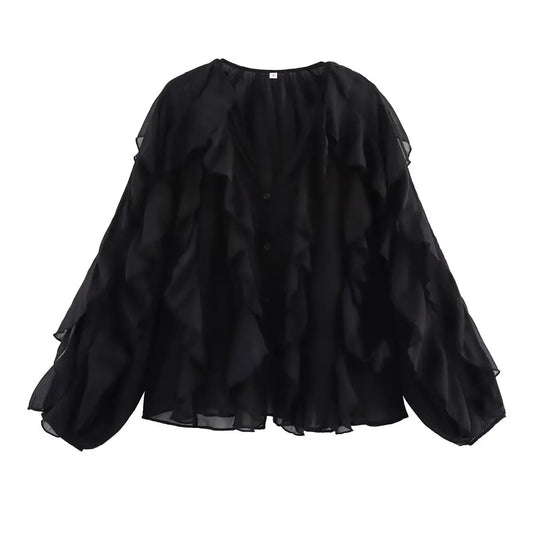 Women's clothing 2025 European new fashion design and ruffled layered decorative V-neck shirt