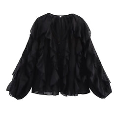 Women's clothing 2025 European new fashion design and ruffled layered decorative V-neck shirt
