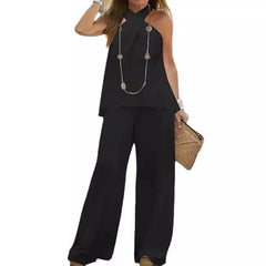 Women's Clothing 2025 New Fashion Casual Halter Neck Solid Color Sleeveless Suit Wide Leg Pants Trousers Two-piece Suit