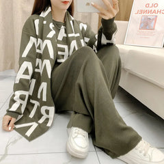 women's Clothing Autumn Winter Women Knited Letter Sweater + Pants + Cape Scarf 3PCS Suits Cappa Wraps Wide Leg Trousers Sets