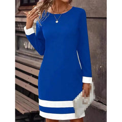 Women's Clothing Autumn Winter New Fashion Tight Fitting Color Blocked Dress Long Sleeved Round Neck Casual Women's Clothing