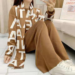 women's Clothing Autumn Winter Women Knited Letter Sweater + Pants + Cape Scarf 3PCS Suits Cappa Wraps Wide Leg Trousers Sets