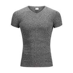 Mens V Neck Short Sleeve T Shirt Fitness Slim Fit Sports T-shirt Solid Fashion Strips Tees Tops Summer Knitted Gym Clothing