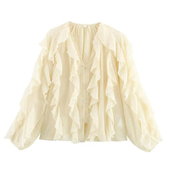 Women's clothing 2025 European new fashion design and ruffled layered decorative V-neck shirt