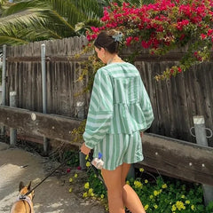 Women's Clothing 2-piece Set Outfit Sleeves Shorts Shirt Shorts Fast Selling Stripes Suits Comfortable Fashion Shirts for Women