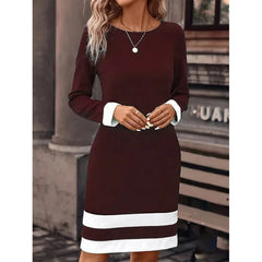 Women's Clothing Autumn Winter New Fashion Tight Fitting Color Blocked Dress Long Sleeved Round Neck Casual Women's Clothing