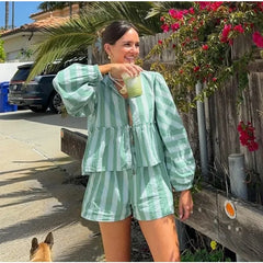 Women's Clothing 2-piece Set Outfit Sleeves Shorts Shirt Shorts Fast Selling Stripes Suits Comfortable Fashion Shirts for Women