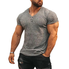 Mens V Neck Short Sleeve T Shirt Fitness Slim Fit Sports T-shirt Solid Fashion Strips Tees Tops Summer Knitted Gym Clothing