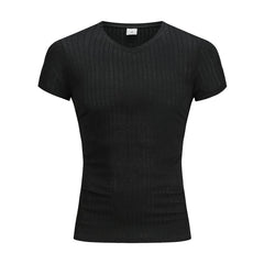 Mens V Neck Short Sleeve T Shirt Fitness Slim Fit Sports T-shirt Solid Fashion Strips Tees Tops Summer Knitted Gym Clothing