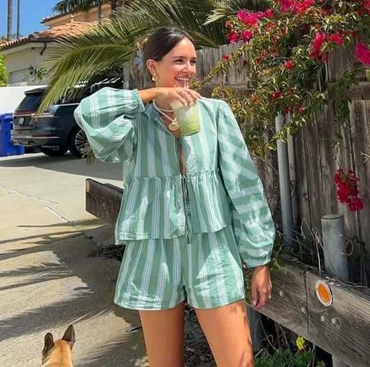 Women's Clothing 2-piece Set Outfit Sleeves Shorts Shirt Shorts Fast Selling Stripes Suits Comfortable Fashion Shirts for Women