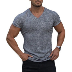 Mens V Neck Short Sleeve T Shirt Fitness Slim Fit Sports T-shirt Solid Fashion Strips Tees Tops Summer Knitted Gym Clothing