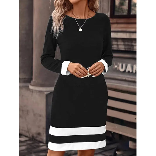 Women's Clothing Autumn Winter New Fashion Tight Fitting Color Blocked Dress Long Sleeved Round Neck Casual Women's Clothing