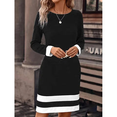 Women's Clothing Autumn Winter New Fashion Tight Fitting Color Blocked Dress Long Sleeved Round Neck Casual Women's Clothing