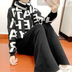 women's Clothing Autumn Winter Women Knited Letter Sweater + Pants + Cape Scarf 3PCS Suits Cappa Wraps Wide Leg Trousers Sets