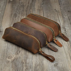 Vintage Leather Pencil Bag Simple Stationery Hoder Pen Case Storage Bag Zipper Pencil Pouch Glasses Box School Supplies