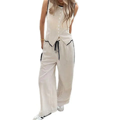 Women's Clothing 2025 Summer New Fashion Color Blocked Round Neck Vest Top Wide Leg Pants Casual Set