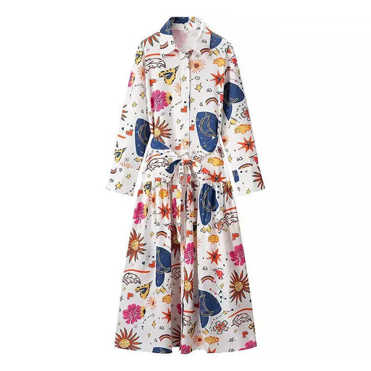 Women's clothing 2025 autumn new products European and American fashion simple casual printed lace-up long-sleeved dress