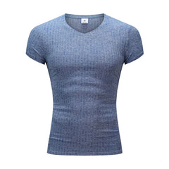 Mens V Neck Short Sleeve T Shirt Fitness Slim Fit Sports T-shirt Solid Fashion Strips Tees Tops Summer Knitted Gym Clothing