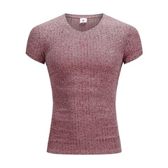 Mens V Neck Short Sleeve T Shirt Fitness Slim Fit Sports T-shirt Solid Fashion Strips Tees Tops Summer Knitted Gym Clothing