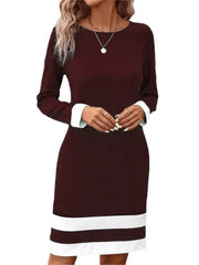 Women's Clothing Autumn Winter New Fashion Tight Fitting Color Blocked Dress Long Sleeved Round Neck Casual Women's Clothing