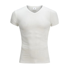 Mens V Neck Short Sleeve T Shirt Fitness Slim Fit Sports T-shirt Solid Fashion Strips Tees Tops Summer Knitted Gym Clothing