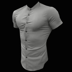 Mens Short Sleeve Shirt Summer Plain Slim Fit Dress Shirts Fitness Men Gym Clothing Fashion Casual Social Stand Business Shirts
