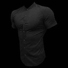 Mens Short Sleeve Shirt Summer Plain Slim Fit Dress Shirts Fitness Men Gym Clothing Fashion Casual Social Stand Business Shirts