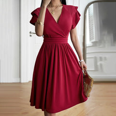Women's Clothing 2025 Summer Temperament Elegant Fashion V-neck Waist Petal Sleeve Mid-length Skirt Dress for Women