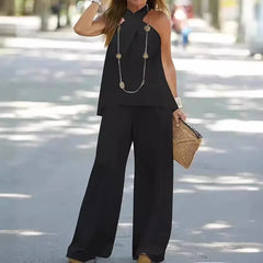 Women's Clothing 2025 New Fashion Casual Halter Neck Solid Color Sleeveless Suit Wide Leg Pants Trousers Two-piece Suit