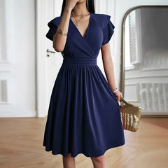 Women's Clothing 2025 Summer Temperament Elegant Fashion V-neck Waist Petal Sleeve Mid-length Skirt Dress for Women