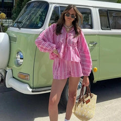 Women's Clothing 2-piece Set Outfit Sleeves Shorts Shirt Shorts Fast Selling Stripes Suits Comfortable Fashion Shirts for Women