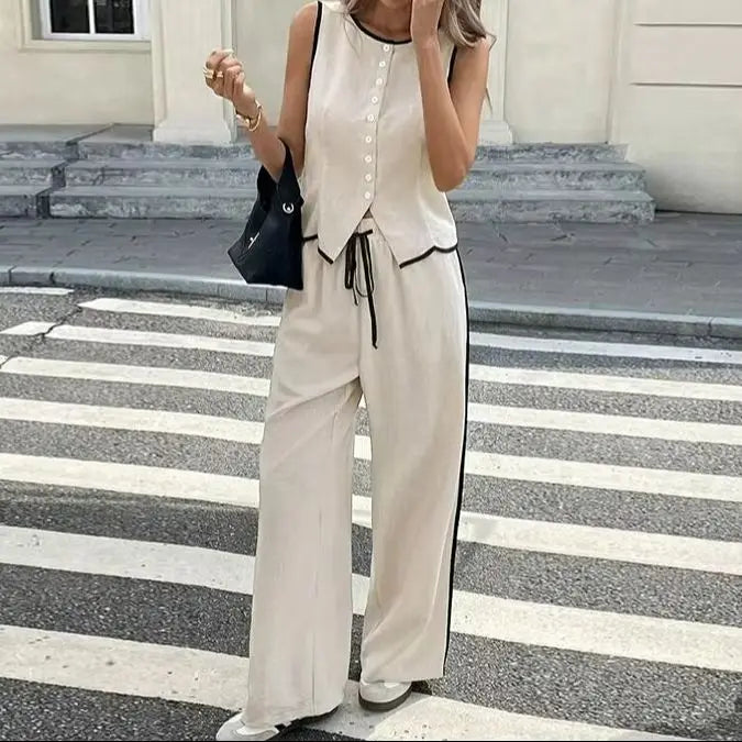 Women's Clothing 2025 Summer New Fashion Color Blocked Round Neck Vest Top Wide Leg Pants Casual Set