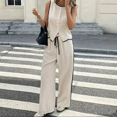 Women's Clothing 2025 Summer New Fashion Color Blocked Round Neck Vest Top Wide Leg Pants Casual Set