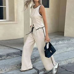 Women's Clothing 2025 Summer New Fashion Color Blocked Round Neck Vest Top Wide Leg Pants Casual Set
