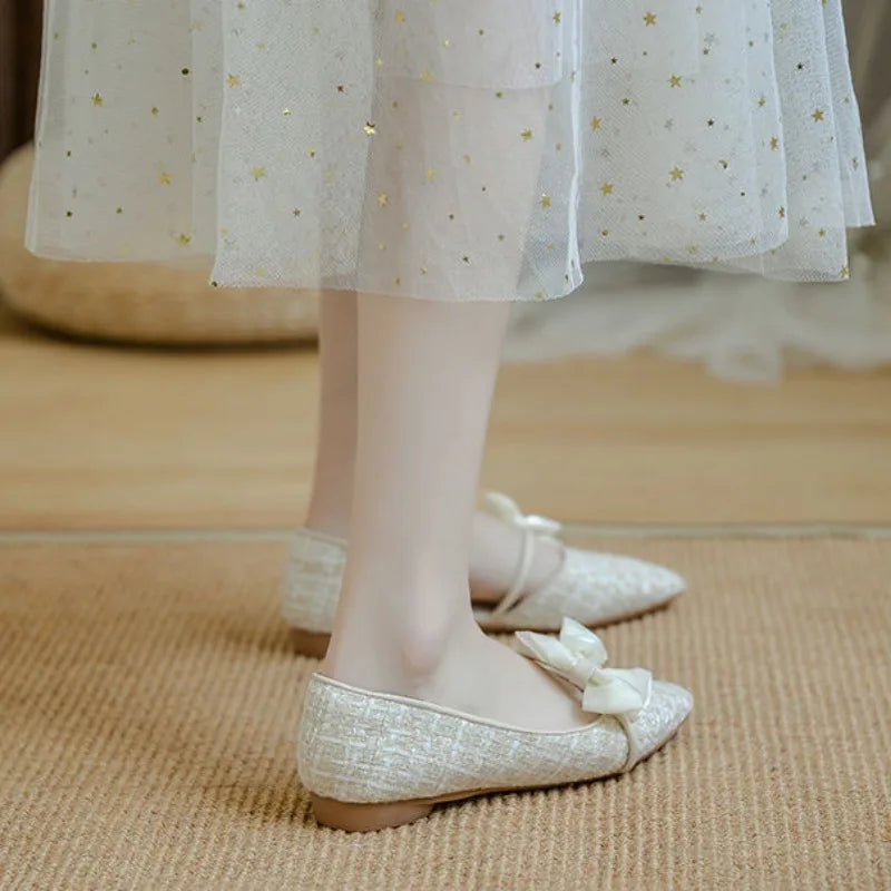 Shoes for Women with Bow Pointed Toe Evening White Woman Flats Elegant and Fashionable on Sale 2025 Trend Popular Vacation Young