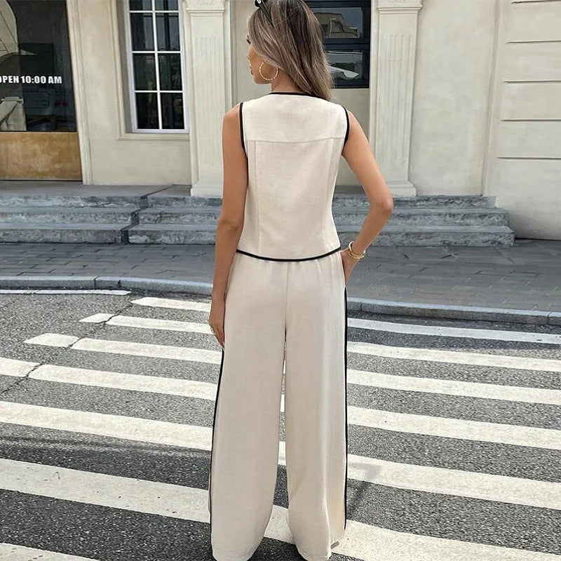 Women's Clothing 2025 Summer New Fashion Color Blocked Round Neck Vest Top Wide Leg Pants Casual Set