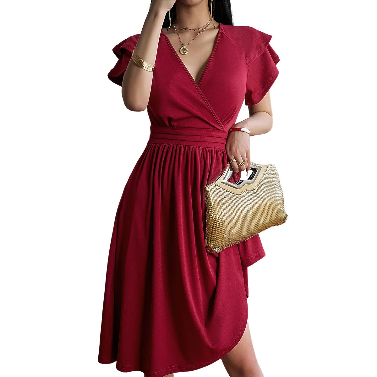 Women's Clothing 2025 Summer Temperament Elegant Fashion V-neck Waist Petal Sleeve Mid-length Skirt Dress for Women