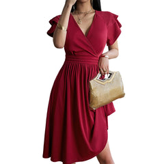 Women's Clothing 2025 Summer Temperament Elegant Fashion V-neck Waist Petal Sleeve Mid-length Skirt Dress for Women