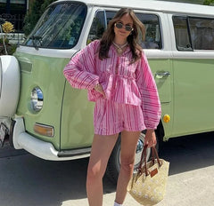 Women's Clothing 2-piece Set Outfit Sleeves Shorts Shirt Shorts Fast Selling Stripes Suits Comfortable Fashion Shirts for Women