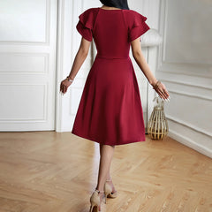Women's Clothing 2025 Summer Temperament Elegant Fashion V-neck Waist Petal Sleeve Mid-length Skirt Dress for Women