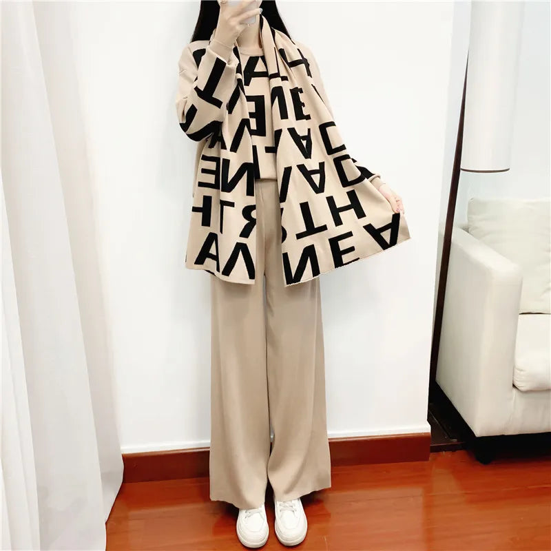 women's Clothing Autumn Winter Women Knited Letter Sweater + Pants + Cape Scarf 3PCS Suits Cappa Wraps Wide Leg Trousers Sets