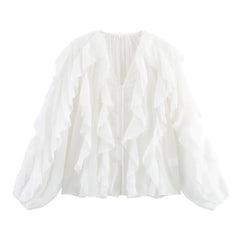 Women's clothing 2025 European new fashion design and ruffled layered decorative V-neck shirt