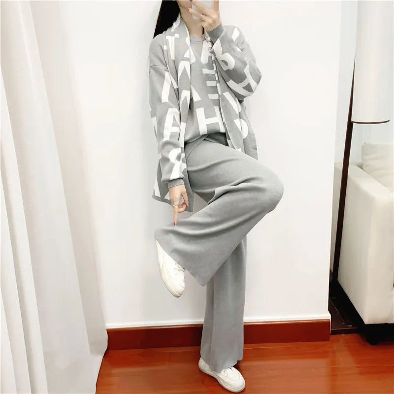 women's Clothing Autumn Winter Women Knited Letter Sweater + Pants + Cape Scarf 3PCS Suits Cappa Wraps Wide Leg Trousers Sets