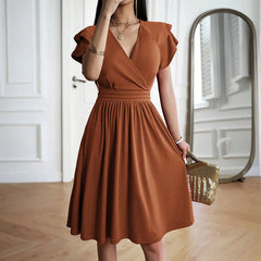 Women's Clothing 2025 Summer Temperament Elegant Fashion V-neck Waist Petal Sleeve Mid-length Skirt Dress for Women